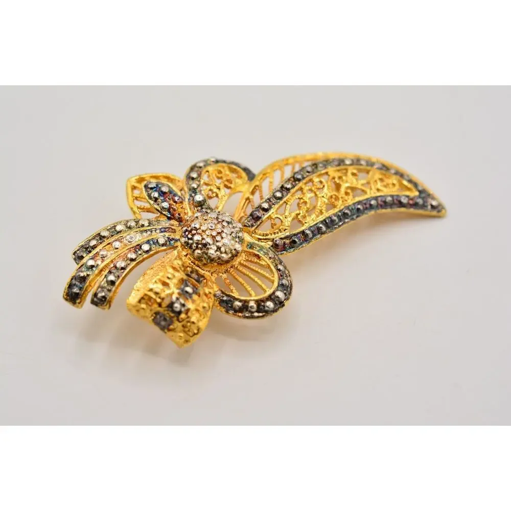 Vintage Flower Bow Pin Brooch Gold Silver Tone Antiqued Gunmetal Chunky 1980s 9B